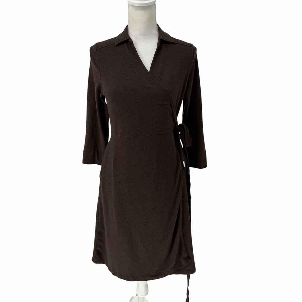 Lands End Brown Jersey Knit Long Sleeve Wrapped Dress Sz Small